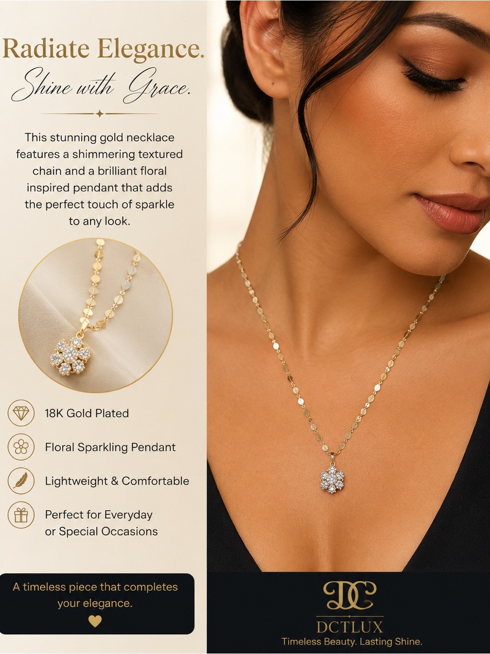 Lux Gold Floral Sparkle Pendant Necklace